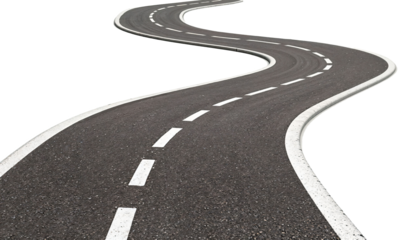 Serpentine Asphalt Road Curving Elegantly Against a Stark White Background