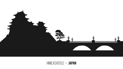 Obraz premium Japan scene. Silhouette of Japanese landscape with Himeji Castle, bridge and pine tree. Vector illustration on a transparent background