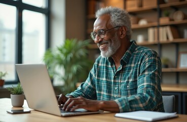 Fototapeta premium Happy senior man in casual clothes uses laptop. Smiling mature black male enjoys remote work after retirement. Grey haired businessperson browsing, chatting, learning online. Business, e-commerce,
