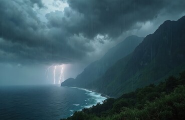 Thunderstorm with lightnings strikes in green mountain range by sea. Rain and storm clouds over dark seascape. Electric bolts strike at night. Bad weather over the water, cloudy sky at coastline.