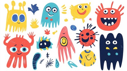 Obraz premium Set of colorful funny shape element vector. Collection of cartoon characters, cute doodle dawn, geometric, organic shape with fun eye. Design for decorative, sticker, toys and kids.