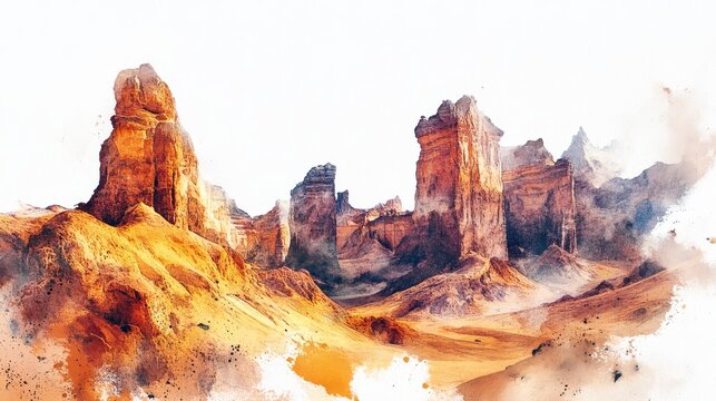 Al-Ula Desert: Watercolor Majesty - Majestic sandstone formations in the Al-Ula desert, Saudi Arabia. Symbolizing ancient history, natural beauty, resilience, serenity, and adventure