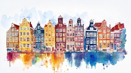 Fototapeta premium Amsterdam Canal Houses Watercolor Painting - Vibrant watercolor artwork depicting a picturesque row of Amsterdam canal houses, reflecting serenity, history, architecture