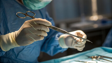 "A surgeon’s precision: Handling surgical instruments in a sterilized operating room for effective medical care."