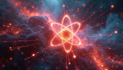 Abstract atom model illustration in red and blue shades. Quantum physics concept with glowing sphere surrounded by electrons orbits and lines. Futuristic tech design for science, energy themes.