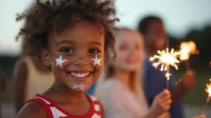 Kids celebrating Independence Day with face painting and sparklers