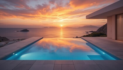 Obraz premium Sunset poolside relaxation coastal retreat photography serene environment wide angle luxury concept