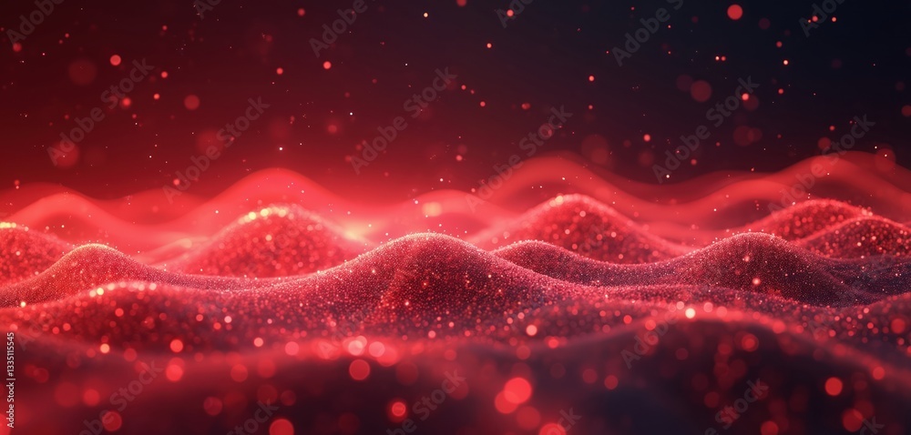 Poster Abstract tech red background with digital smooth wave, dynamic network system. Artificial neural connections, cyber quantum computing. Electronic global intelligence datum flow for landing pages.