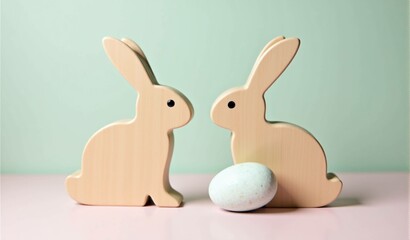 Wooden bunnies facing each other with decorative egg on pastel background