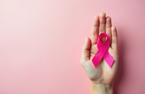 Top view of female hand holding pink ribbon as breast cancer awareness symbol. Isolated pastel pink background with copy space. Healthcare campaign, support for oncological disease. Satin ribbon bow