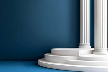 Obraz premium Elegant White Podium with Greek Columns Blue Background