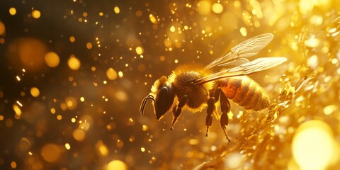 Naklejka premium A close-up image of a bee collecting pollen. The golden glow surrounds the bee, creating a magical atmosphere. Perfect for nature enthusiasts. Stunning details showcase its wings and body. AI