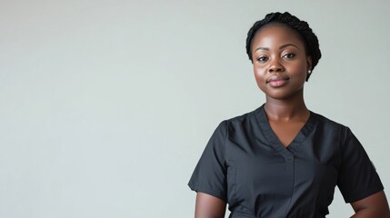 Young female nurse in black scrubs standing against gray background
