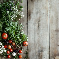 Fresh vegetables and herbs harvested rustic kitchen photography natural lighting close-up shot