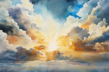 Sunburst Through Watercolor Clouds - A breathtaking watercolor painting of a sunburst breaking through dramatic clouds, symbolizing hope, freedom, renewal, transcendence, and divine light