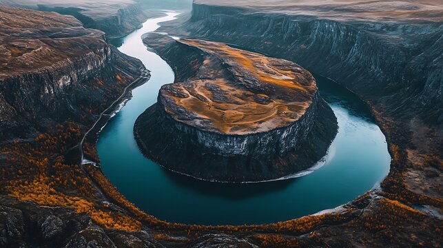 A winding river creates a dramatic horseshoe canyon landscape - Powered by Adobe
