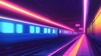Fototapeta premium Vibrant neon-lit subway station at night showcasing a train arriving with colorful lights and shadows