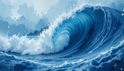 powerful ocean wave crashes with dynamic energy, showcasing beauty of nature force. vibrant blue hues and frothy white foam create captivating scene of movement and intensity