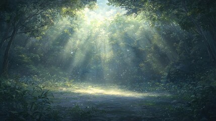 Obraz premium A forest path with sunlight filtering through the trees.