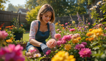 woman joyfully tends to vibrant garden filled with colorful flowers, wearing gloves and overalls. sunlit scene captures essence of peaceful and fulfilling gardening experience