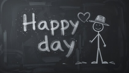 Chalkboard art with phrase Happy day and stick figure wearing hat, expressing joy