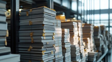 Obraz premium Several stacks of documents are organized on shelving units