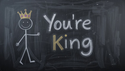 chalkboard drawing features stick figure with crown and words You King written in colorful chalk, conveying playful and empowering message