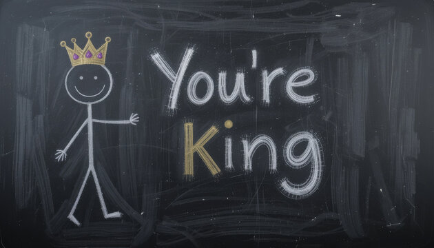 chalkboard drawing features stick figure with crown and words You King written in colorful chalk, conveying playful and empowering message