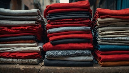 Stacks of folded fabric in various shades of red, gray, and black arranged in an outdoor market. The image highlights texture, fashion, and textile craftsmanship