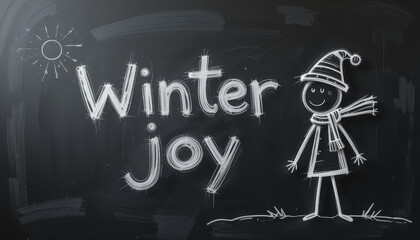 chalk drawing on blackboard features words Winter joy alongside stick figure wearing hat and scarf, with sun in corner