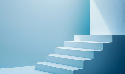 Climbing Staircase on Blue Wall Leading to Light Minimalist Design