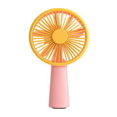 Vibrant handheld fan in pink and yellow, stylish portable fan for cooling, trendy summer mini fan on a white isolated background.