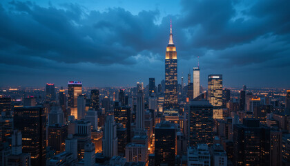 stunning cityscape at dusk showcases skyline with illuminated skyscrapers under dramatic cloudy sky, highlighting urban architecture and vibrant city life