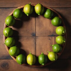 Lime fruits on dark wooden table, copy space. Top view flat lay