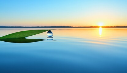 A detailed shot of a dewdrop on a green blade of grass, mirroring a peaceful landscape and glistening in gentle light