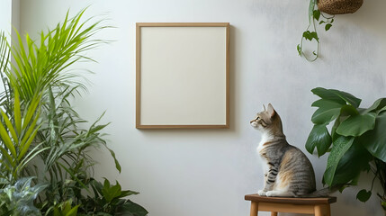 Wooden picture frame mockup on off white wall in modern interior. Vertical artwork template mock up for artwork, painting, photo or poster in interior design with green plants
