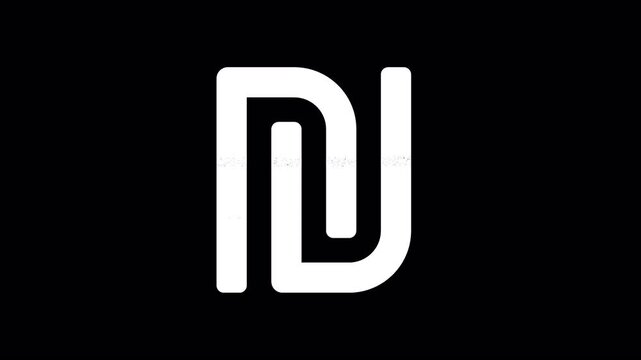 Icon shekel sign is distorted. Glitch. Noise, chromatic aberration, geometric distortion. Transparent background, looped. In-Out looped. Alpha BW at the end