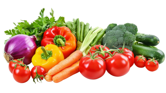 Fresh vegetables forming a colorful and healthy still life on transparent background