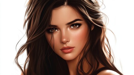 Fototapeta premium Attractive woman portrait illustration with long wavy hair and soft features facing the camera