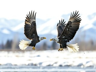 Obraz premium Engaging eagles in mid-air dramatic wildlife photography of a frozen natural environment