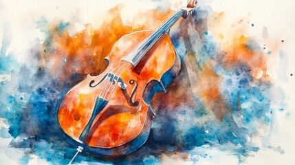 Fototapeta premium Watercolor Double Bass in Blues and Amber - A detailed watercolor painting of an upright bass, symbolizing music, artistry, passion, elegance