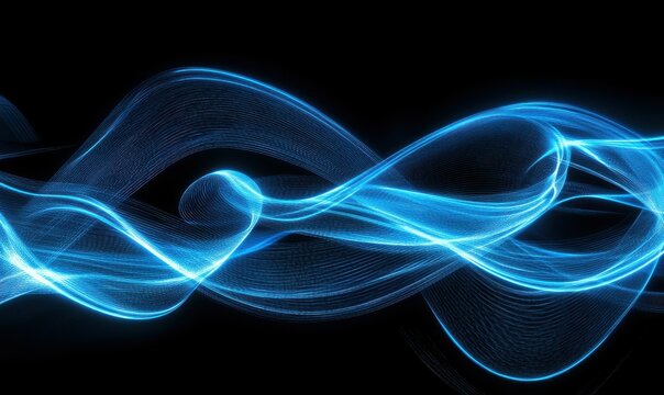 Abstract futuristic design featuring neon blue lines forming dynamic waves on a dark background, high contrast and depth,