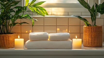 A peaceful spa environment with neatly stacked towels, glowing candles, and gentle lighting, fostering a calming ambiance by a bathtub
