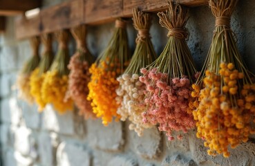 Drying colorful flowers hang upside down on rustic wall. Decorative bouquets of dry flowers on wooden beam, against old brick wall. Countryside flower drying concept. Natural home decor idea.