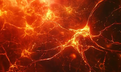 Naklejka premium Abstract visualization of artificial intelligence with glowing neural pathways, warm red and orange tones, futuristic atmosphere,
