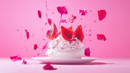 Exotic Pavlova cake with Fresh Fruit, papaya slices, blackberries, and edible flowers for Dessert Design and Culinary Inspiration