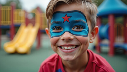 Smiling Boy with Superhero Face Paint, Portrait Photography, Representing Imagination and Playfulness, at a Playground