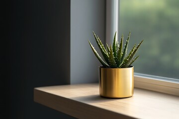 Golden Potted Aloe Plant on a Window Sill