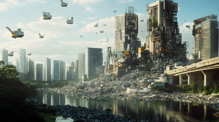 Obraz premium An advanced city powered by automated waste management, where AI-driven systems sort and recycle materials to keep the urban environment clean and sustainable.