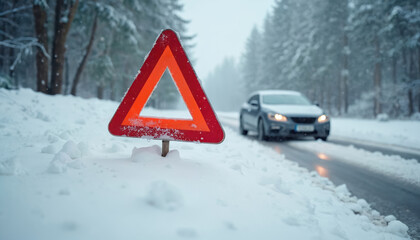 Car breakdown on icy winter road. Red warning triangle in foreground shows danger on highway. Vehicle stopped, waiting for assistance in cold rural landscape during snow fall.
